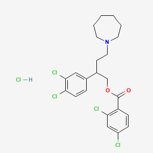 molecular formula C23H26Cl5NO2 B12750634 Benzoic acid, 2,4-dichloro-, 2-(3,4-dichlorophenyl)-4-(hexahydro-1H-azepin-1-yl)butyl ester, hydrochloride CAS No. 119584-94-0