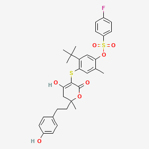 molecular formula C31H33FO7S2 B12750817 (+-)-Benzenesulfonic acid, 4-fluoro-, 4-((5,6-dihydro-4-hydroxy-6-(2-(4-hydroxyphenyl)ethyl)-6-methyl-2-oxo-2H-pyran-3-yl)thio)-5-(1,1-dimethylethyl)-2-methylphenyl ester CAS No. 263842-90-6