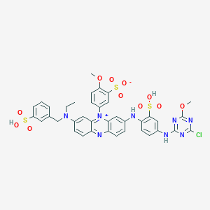 molecular formula C38H33ClN8O11S3 B12750835 Dihydrogen 3-((4-((4-chloro-6-methoxy-1,3,5-triazin-2-yl)amino)-2-sulphonatophenyl)amino)-7-(ethyl((3-sulphonatophenyl)methyl)amino)-5-(4-methoxy-3-sulphonatophenyl)phenazinium CAS No. 55772-12-8