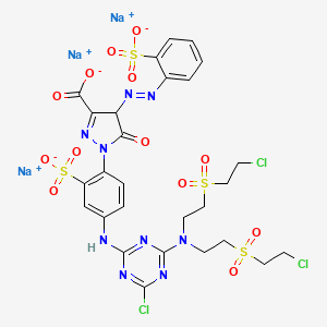 Trisodium 1-(4-((4-(bis(2-((2-chloroethyl)sulphonyl)ethyl)amino)-6-chloro-1,3,5-triazin-2-yl)amino)-2-sulphonatophenyl)-4,5-dihydro-5-oxo-4-((2-sulphonatophenyl)azo)-1H-pyrazole-3-carboxylate