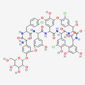 B12755786 22-amino-5,15,43-trichloro-2,31,44,47,49,64-hexahydroxy-21,35,38,54,56,59-hexaoxo-26-[3,4,5-trihydroxy-6-(hydroxymethyl)oxan-2-yl]oxy-7,13,28-trioxa-20,36,39,53,55,58-hexazaundecacyclo[38.14.2.23,6.214,17.219,34.18,12.123,27.129,33.141,45.010,37.046,51]hexahexaconta-3,5,8,10,12(64),14,16,23(61),24,26,29(60),30,32,41(57),42,44,46(51),47,49,62,65-henicosaene-52-carboxylic acid CAS No. 89140-21-6