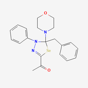 B12756215 1-(5-(4-Morpholinyl)-4-phenyl-5-(phenylmethyl)-4,5-dihydro-1,3,4-selenadiazol-2-yl)ethanone CAS No. 157588-05-1