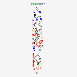 molecular formula C25H22ClCuN7O14S4+4 B12756741 Tetrahydrogen (2-((4-chloro-6-(4-sulphoanilino)-1,3,5-triazin-2-yl)amino)-5-hydroxy-6-((2-hydroxy-5-sulphophenyl)azo)naphthalene-1,7-disulphonato(6-))cuprate(4-) CAS No. 93858-40-3