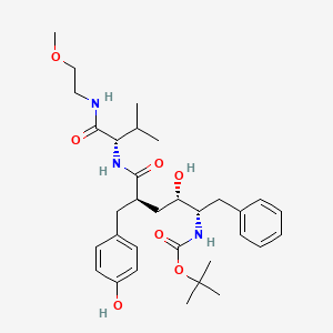 molecular formula C32H47N3O7 B12757237 2-Oxa-5,8,14-triazapentadecan-15-oic acid, 12-hydroxy-10-((4-hydroxyphenyl)methyl)-7-(1-methylethyl)-6,9-dioxo-13-(phenylmethyl)-, 1,1-dimethylethyl ester, (7S-(7R*,10S*,12R*,13R*))- CAS No. 178048-28-7