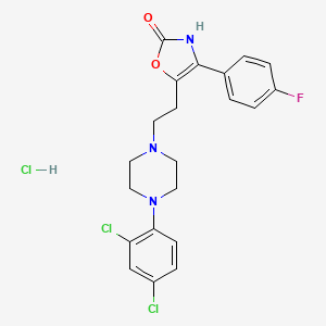 molecular formula C21H21Cl3FN3O2 B12757303 2(3H)-Oxazolone, 5-(2-(4-(2,4-dichlorophenyl)-1-piperazinyl)ethyl)-4-(4-fluorophenyl)-, monohydrochloride CAS No. 120944-19-6