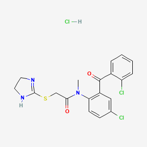 molecular formula C19H18Cl3N3O2S B12757350 Acetamide, N-(4-chloro-2-(2-chlorobenzoyl)phenyl)-2-((4,5-dihydro-1H-imidazol-2-yl)thio)-N-methyl-, monohydrochloride CAS No. 128433-21-6