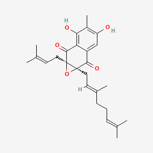 molecular formula C26H32O5 B12757634 (1aS,7aR)-1a-[(2E)-3,7-dimethylocta-2,6-dienyl]-4,6-dihydroxy-5-methyl-7a-(3-methylbut-2-enyl)naphtho[2,3-b]oxirene-2,7-dione CAS No. 110200-30-1