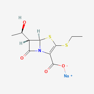 molecular formula C10H12NNaO4S2 B12757842 Sodium (5R-(5alpha,6alpha(R*)))-3-(ethylthio)-6-(1-hydroxyethyl)-7-oxo-4-thia-1-azabicyclo(3.2.0)hept-2-ene-2-carboxylate CAS No. 77646-84-5