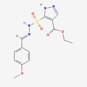 molecular formula C14H16N4O5S B12758001 Ethyl 3-((((4-methoxyphenyl)methylene)hydrazino)sulfonyl)-1H-pyrazole-4-carboxylate CAS No. 145865-69-6