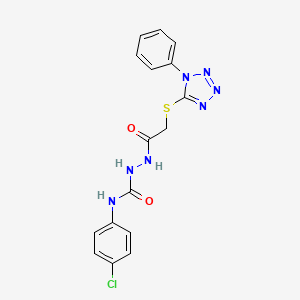 molecular formula C16H14ClN7O2S B12760743 Acetic acid, ((1-phenyl-1H-tetrazol-5-yl)thio)-, 2-(((4-chlorophenyl)amino)carbonyl)hydrazide CAS No. 133506-47-5