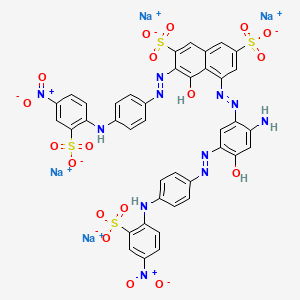 molecular formula C40H25N11Na4O18S4 B12761122 5-((2-Amino-4-hydroxy-5-((4-((4-nitro-2-sulphophenyl)amino)phenyl)azo)phenyl)azo)-4-hydroxy-3-((4-((4-nitro-2-sulphophenyl)amino)phenyl)azo)naphthalene-2,7-disulphonic acid, sodium salt CAS No. 94021-35-9