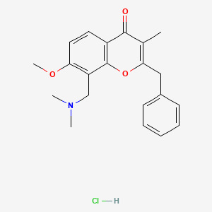 molecular formula C21H24ClNO3 B12763278 4H-1-Benzopyran-4-one, 8-((dimethylamino)methyl)-7-methoxy-3-methyl-2-(phenylmethyl)-, hydrochloride CAS No. 138833-28-0