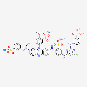 molecular formula C43H34ClN9Na3O13PS3 B12763327 Phenazinium, 3-((4-((4-chloro-6-((3-phosphonophenyl)amino)-1,3,5-triazin-2-yl)amino)-2-sulfophenyl)amino)-7-(ethyl((3-sulfophenyl)methyl)amino)-5-(4-methoxy-3-sulfophenyl)-, hydroxide, inner salt, trisodium salt CAS No. 83968-59-6