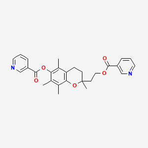 molecular formula C27H28N2O5 B12763799 3,4-Dihydro-2-nicotinoyloxyethyl-2,5,7,8-tetramethyl-2H-benzopyran-6-yl nicotinate CAS No. 104568-67-4