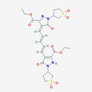 molecular formula C25H30N4O10S2 B12764001 1H-Pyrazole-3-carboxylic acid, 4-(5-(3-(ethoxycarbonyl)-5-hydroxy-1-(tetrahydro-3-thienyl)-1H-pyrazol-4-yl)-2,4-pentadienylidene)-4,5-dihydro-5-oxo-1-(tetrahydro-3-thienyl)-, ethyl ester, S,S,S',S'-tetraoxide CAS No. 84100-58-3