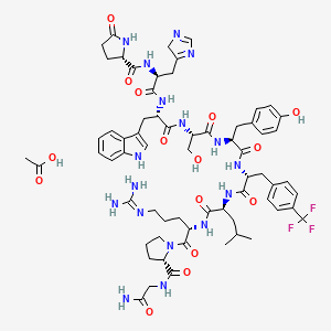 molecular formula C65H84F3N17O15 B12764023 acetic acid;(2S)-N-[(2S)-1-[[(2S)-1-[[(2S)-1-[[(2S)-1-[[(2R)-1-[[(2S)-1-[[(2S)-1-[(2S)-2-[(2-amino-2-oxoethyl)carbamoyl]pyrrolidin-1-yl]-5-(diaminomethylideneamino)-1-oxopentan-2-yl]amino]-4-methyl-1-oxopentan-2-yl]amino]-1-oxo-3-[4-(trifluoromethyl)phenyl]propan-2-yl]amino]-3-(4-hydroxyphenyl)-1-oxopropan-2-yl]amino]-3-hydroxy-1-oxopropan-2-yl]amino]-3-(1H-indol-3-yl)-1-oxopropan-2-yl]amino]-3-(4H-imidazol-5-yl)-1-oxopropan-2-yl]-5-oxopyrrolidine-2-carboxamide CAS No. 82317-98-4