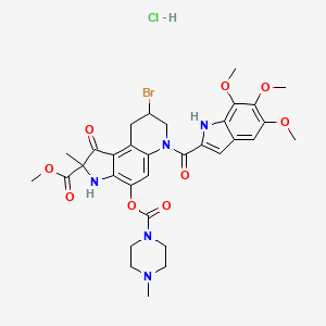 molecular formula C32H37BrClN5O9 B12764056 1H-Pyrrolo(3,2-f)quinoline-2-carboxylic acid, 2,3,6,7,8,9-hexahydro-8-bromo-2-methyl-4-(((4-methyl-1-piperazinyl)carbonyl)oxy)-1-oxo-6-((5,6,7-trimethoxy-1H-indol-2-yl)carbonyl)-, methyl ester, monohydrochloride CAS No. 140447-60-5