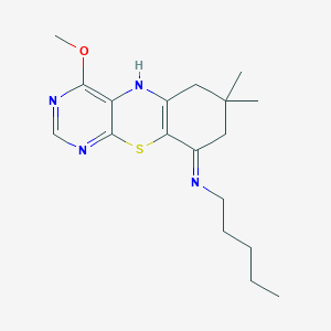 B12767987 4-Methoxy-7,7-dimethyl-9-pentylamino-7,8-dihydro-1,3-diazaphenothiazine CAS No. 102688-86-8