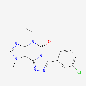 molecular formula C16H15ClN6O B12768603 5H-1,2,4-Triazolo(3,4-i)purin-5-one, 6,9-dihydro-3-(3-chlorophenyl)-9-methyl-6-propyl- CAS No. 135445-82-8