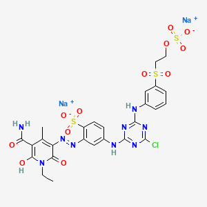 molecular formula C26H24ClN9Na2O12S3 B12771779 Disodium 2-((5-carbamoyl-1-ethyl-1,6-dihydro-2-hydroxy-4-methyl-6-oxo-3-pyridyl)azo)-4-((4-chloro-6-((3-((2-(sulphonatooxy)ethyl)sulphonyl)phenyl)amino)-1,3,5-triazin-2-yl)amino)benzenesulphonate CAS No. 84000-63-5