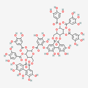 molecular formula C82H58O52 B12771789 [3,4,5,21,22,23-Hexahydroxy-8,18-dioxo-11,12-bis[(3,4,5-trihydroxybenzoyl)oxy]-9,14,17-trioxatetracyclo[17.4.0.02,7.010,15]tricosa-1(23),2,4,6,19,21-hexaen-13-yl] 3,4,5-trihydroxy-2-[[3,4,5,22,23-pentahydroxy-8,18-dioxo-11,12,13-tris[(3,4,5-trihydroxybenzoyl)oxy]-9,14,17-trioxatetracyclo[17.4.0.02,7.010,15]tricosa-1(23),2,4,6,19,21-hexaen-21-yl]oxy]benzoate CAS No. 84754-11-0