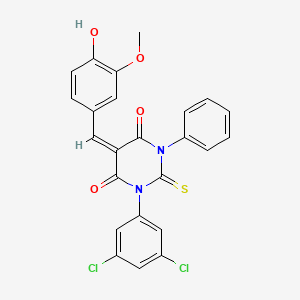 molecular formula C24H16Cl2N2O4S B12771854 3-(3,5-Dichlorophenyl)-5-(4-hydroxy-3-methoxybenzylidene)-1-phenylthiobarbituric acid CAS No. 89516-60-9