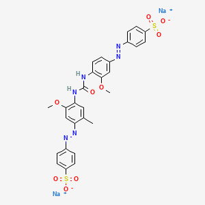 molecular formula C28H24N6Na2O9S2 B12772437 Benzenesulfonic acid, 4-((3-methoxy-4-((((2-methoxy-5-methyl-4-((4-sulfophenyl)azo)phenyl)amino)carbonyl)amino)phenyl)azo)-, disodium salt CAS No. 71850-84-5