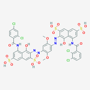 molecular formula C42H28Cl4N6O18S4 B12772473 5-[(2,3-dichlorobenzoyl)amino]-3-[[4-[[8-[(2,4-dichlorobenzoyl)amino]-1-hydroxy-3,6-disulfonaphthalen-2-yl]diazenyl]-2,5-dimethoxyphenyl]diazenyl]-4-hydroxynaphthalene-2,7-disulfonic acid CAS No. 761377-68-8