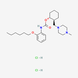 molecular formula C25H43Cl2N3O3 B12772730 Carbamic acid, (2-(hexyloxy)phenyl)-, 2-((4-methyl-1-piperazinyl)methyl)cyclohexyl ester, dihydrochloride, monohydrate, trans- CAS No. 130533-76-5