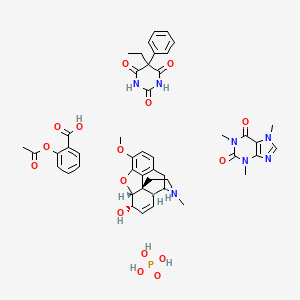 molecular formula C47H54N7O16P B12772778 (4R,4aR,7S,7aR,12bS)-9-methoxy-3-methyl-2,4,4a,7,7a,13-hexahydro-1H-4,12-methanobenzofuro[3,2-e]isoquinolin-7-ol;2-acetyloxybenzoic acid;5-ethyl-5-phenyl-1,3-diazinane-2,4,6-trione;phosphoric acid;1,3,7-trimethylpurine-2,6-dione CAS No. 76741-93-0