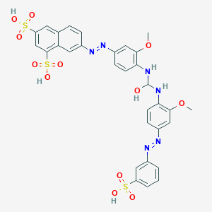 molecular formula C31H28N6O12S3 B12772966 1,3-Naphthalenedisulfonic acid, 7-((3-methoxy-4-((((2-methoxy-4-((3-sulfophenyl)azo)phenyl)amino)carbonyl)amino)phenyl)azo)- CAS No. 73297-07-1