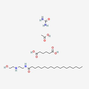 molecular formula C31H64N4O9 B12773053 acetic acid;hexanedioic acid;N-[2-(2-hydroxyethylamino)ethyl]octadecanamide;urea 