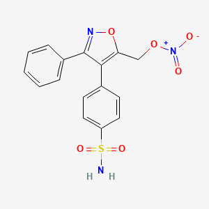 molecular formula C16H13N3O6S B12773106 Benzenesulfonamide, 4-(5-((nitrooxy)methyl)-3-phenyl-4-isoxazolyl)- CAS No. 346683-70-3