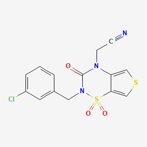 molecular formula C14H10ClN3O3S2 B12774517 4H-Thieno(3,4-e)-1,2,4-thiadiazine-4-acetonitrile, 2-((3-chlorophenyl)methyl)-2,3-dihydro-3-oxo-, 1,1-dioxide CAS No. 214916-32-2