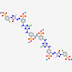 molecular formula C52H32Cl4N18Na6O20S6 B12774802 Hexasodium 4,4'-bis((4-chloro-6-((3-((1-(2-chloro-5-sulphonatophenyl)-4,5-dihydro-3-methyl-5-oxo-1H-pyrazol-4-yl)azo)-4-sulphonatophenyl)amino)-1,3,5-triazin-2-yl)amino)stilbene-2,2'-disulphonate CAS No. 85959-11-1