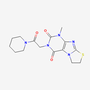 molecular formula C15H19N5O3S B12774855 Piperidine, 1-((1,4,6,7-tetrahydro-1-methyl-2,4-dioxothiazolo(2,3-f)purin-3(2H)-yl)acetyl)- CAS No. 178452-81-8