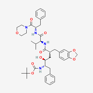 molecular formula C43H56N4O9 B12774865 Carbamic acid, (4-(1,3-benzodioxol-5-ylmethyl)-2-hydroxy-5-((2-methyl-1-(((2-(4-morpholinyl)-2-oxo-1-(phenylmethyl)ethyl)amino)carbonyl)propyl)amino)-5-oxo-1-(phenylmethyl)pentyl)-, 1,1-dimethylethyl ester, (1S-(1R*,2R*,4S*,5(R*(R*))))- CAS No. 181038-54-0