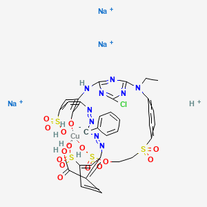 Trisodium hydrogen (2-((alpha-((3-((4-chloro-6-(ethyl(4-((2-(sulphooxy)ethyl)sulphonyl)phenyl)amino)-1,3,5-triazin-2-yl)amino)-2-hydroxy-5-sulphophenyl)azo)benzyl)azo)-4-sulphobenzoato(6-))cuprate(4-)