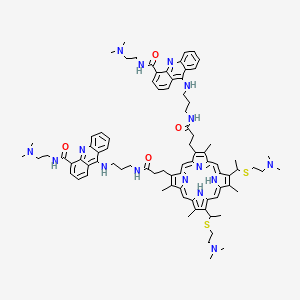 molecular formula C84H106N16O4S2 B12775925 N,N'-Bis(3-((4-(((2-(dimehtylamino)ethyl)amino)carbonyl)-9-acridinyl-amino)propyl)-7,12-bis(1-((2-(dimethylamino)ethyl)thio)ethyl-3,8,13,17-tetramethyl-21H,23H-porphine-2,18-dipropanamide CAS No. 171522-88-6