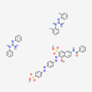 molecular formula C29H21N5O8S2.C15H17N3.C13H13N3<br>C57H51N11O8S2 B12776178 7-Benzamido-4-hydroxy-3-[[4-[(4-sulfophenyl)diazenyl]phenyl]diazenyl]naphthalene-2-sulfonic acid;1,2-bis(2-methylphenyl)guanidine;1,2-diphenylguanidine CAS No. 73297-03-7