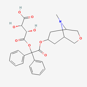 molecular formula C26H29NO9 B12776181 cis-Benzilic acid ester of 9-methyl-3-oxagranatin-7 beta-ol, d-tartrate CAS No. 102504-19-8