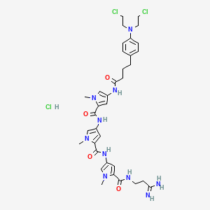 molecular formula C35H45Cl3N10O4 B12776300 1H-Pyrrole-2-carboxamide, N-(5-(((3-amino-3-iminopropyl)amino)carbonyl)-1-methyl-1H-pyrrol-3-yl)-4-(((4-((4-(4-(bis(2-chloroethyl)amino)phenyl)-1-oxobutyl)amino)-1-methyl-1H-pyrrol-2-yl)carbonyl)amino)-1-methyl-, monohydrochloride CAS No. 150691-41-1