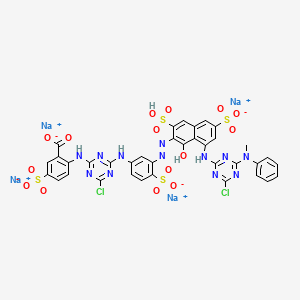 molecular formula C36H22Cl2N12Na4O15S4 B12776710 Benzoic acid, 2-((4-chloro-6-((3-((8-((4-chloro-6-(methylphenylamino)-1,3,5-triazin-2-yl)amino)-1-hydroxy-3,6-disulfo-2-naphthalenyl)azo)-4-sulfophenyl)amino)-1,3,5-triazin-2-yl)amino)-5-sulfo-, tetrasodium salt CAS No. 52246-55-6