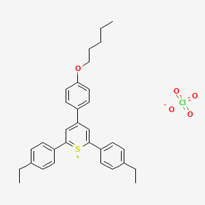 molecular formula C32H35ClO5S B12776858 Thiopyrylium, 2,6-bis(4-ethylphenyl)-4-(4-(pentyloxy)phenyl)-, perchlorate CAS No. 2930-32-7