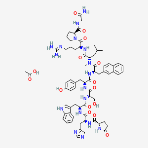 molecular formula C69H89N17O15 B12777177 acetic acid;(2S)-N-[(2S)-1-[[(2S)-1-[[(2S)-1-[[(2S)-1-[[(2R)-1-[[(2S)-1-[[(2S)-1-[(2S)-2-[(2-amino-2-oxoethyl)carbamoyl]pyrrolidin-1-yl]-5-(diaminomethylideneamino)-1-oxopentan-2-yl]amino]-4-methyl-1-oxopentan-2-yl]-methylamino]-3-naphthalen-2-yl-1-oxopropan-2-yl]amino]-3-(4-hydroxyphenyl)-1-oxopropan-2-yl]amino]-3-hydroxy-1-oxopropan-2-yl]amino]-3-(1H-indol-3-yl)-1-oxopropan-2-yl]amino]-3-(4H-imidazol-5-yl)-1-oxopropan-2-yl]-5-oxopyrrolidine-2-carboxamide CAS No. 82318-08-9