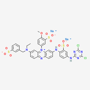 Dihydrogen 3-((4-((4,6-dichloro-1,3,5-triazin-2-yl)amino)-2-sulphonatophenyl)amino)-7-(ethyl((3-sulphonatophenyl)methyl)amino)-5-(4-methoxy-3-sulphonatophenyl)phenazinium, disodium salt