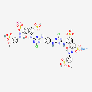 molecular formula C46H32Cl2KN14NaO22S6 B12779699 4,4'-p-Phenylenebisimino(6-chloro-1,3,5-triazine-4,2-diyl)iminobis5-hydroxy-6-(4-methoxy-3-sulphophenyl)azonaphthalene-2,7-di sulphonic acid (potassium sodium salt) CAS No. 85959-06-4