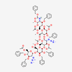 molecular formula C93H105N7O32 B12780387 methyl (2S,3S,4S,5R,6R)-6-[(2R,4R,5R,6R)-4-acetyloxy-6-[(2R,3S,4S,5R,6R)-5-acetyloxy-6-[(2R,3S,4R,5R,6S)-2-(acetyloxymethyl)-6-methoxy-4-phenylmethoxy-5-(phenylmethoxycarbonylamino)oxan-3-yl]oxy-2-methoxycarbonyl-4-phenylmethoxyoxan-3-yl]oxy-2-(acetyloxymethyl)-5-azidooxan-3-yl]oxy-3-[(2R,3R,4R,5S,6R)-6-(acetyloxymethyl)-3-azido-4,5-bis(phenylmethoxy)oxan-2-yl]oxy-4,5-bis(phenylmethoxy)oxane-2-carboxylate 