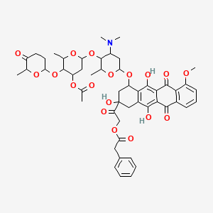 molecular formula C51H59NO18 B12780612 Benzeneacetic acid, 2-(4-((4-O-(3-O-acetyl-2,6-dideoxy-4-O-((2R-trans)-tetrahydro-6-methyl-5-oxo-2H-pyran-2-yl)-alpha-L-lyxo-hexopyranosyl)-2,3,6-trideoxy-3-(dimethylamino)-alpha-L-lyxo-hexopyranosyl)oxy)-1,2,3,4,6,11-hexahydro-2,5,12-trihydroxy-7-methoxy-6,11-dioxo-2-naphthacenyl)-2-oxoethyl ester, (2S-cis)-, dihydrate CAS No. 81975-89-5