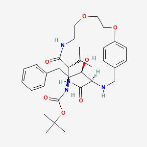 molecular formula C32H46N4O7 B12781757 Carbamic acid, (2-hydroxy-2-(10-(1-methylethyl)-9,12-dioxo-2,5-dioxa-8,11,14-triazabicyclo(14.2.2)eicosa-16,18,19-trien-13-yl)-1-(phenylmethyl)ethyl)-, 1,1-dimethylethyl ester, (10S-(10R*,13S*(1R*,2S*)))- CAS No. 180968-15-4